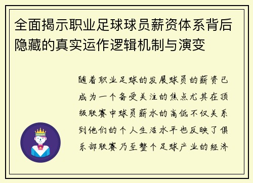 全面揭示职业足球球员薪资体系背后隐藏的真实运作逻辑机制与演变 全面揭示职业足球球员薪资体系背后隐藏的真实运作逻辑机制与演变