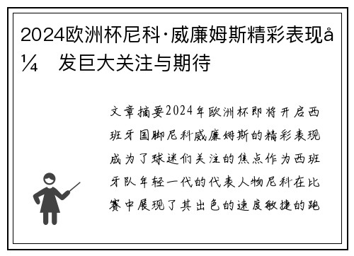 2024欧洲杯尼科·威廉姆斯精彩表现引发巨大关注与期待