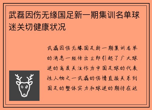 武磊因伤无缘国足新一期集训名单球迷关切健康状况 武磊因伤无缘国足新一期集训名单球迷关切健康状况